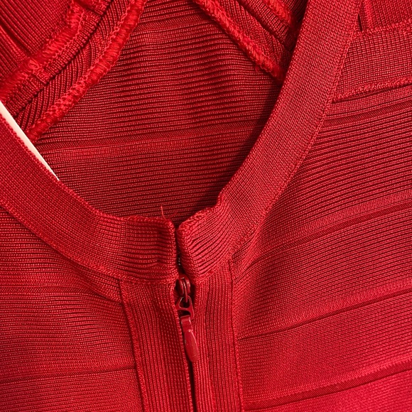 Herve Leger Red V Neck Mini Bandage Dress XS - Picture 9 of 11